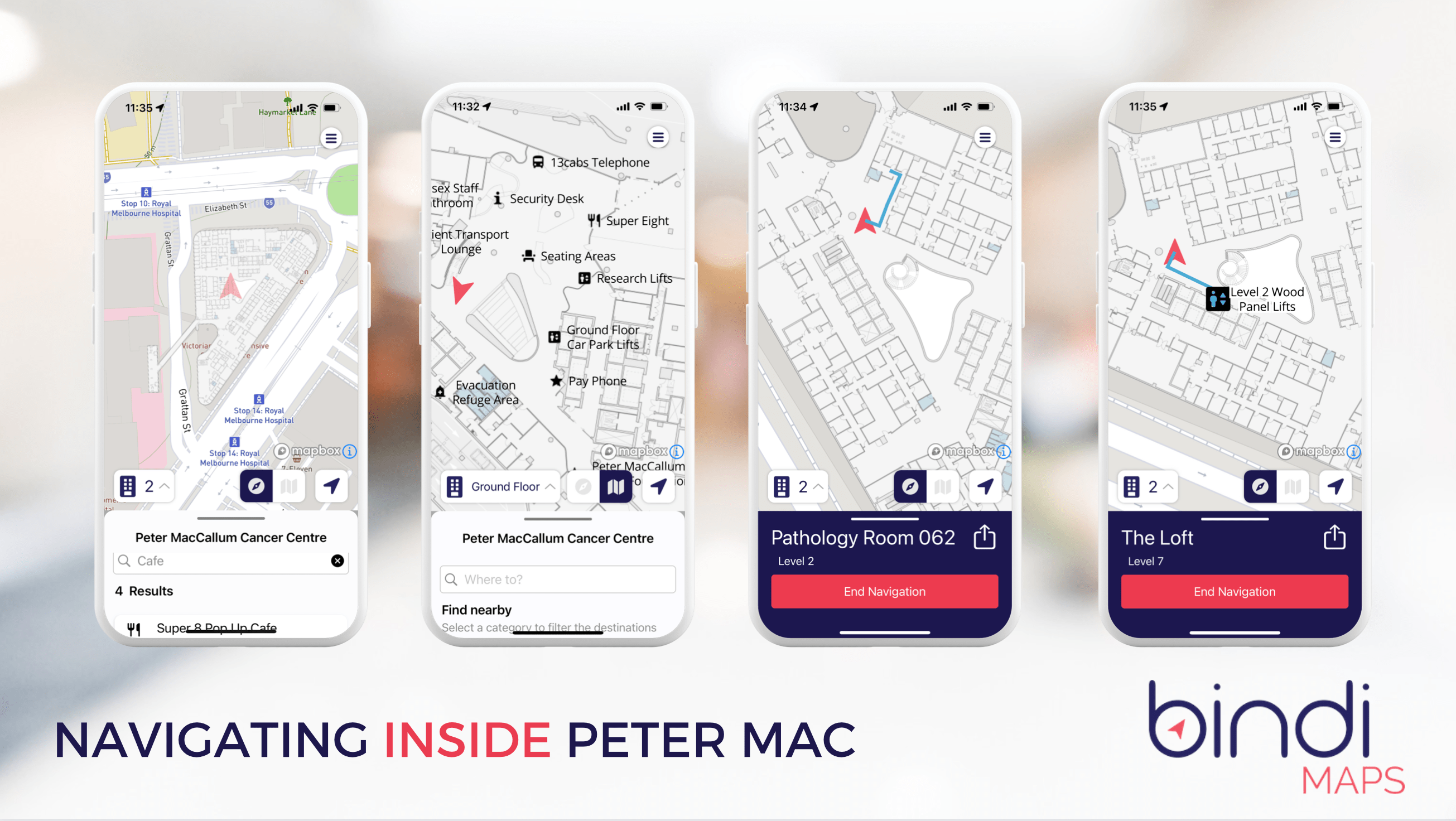 Four screenshots of the BindiMaps in action - Improving accessibility at Peter Mac in a Victorian hospital first